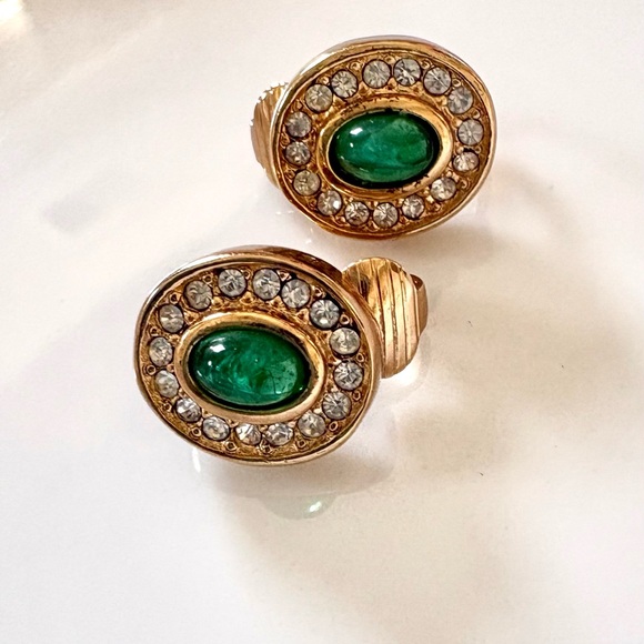 Dior Jewelry - Dior Gold-Tone Earrings with Green Cabochons and Clear Crystals
